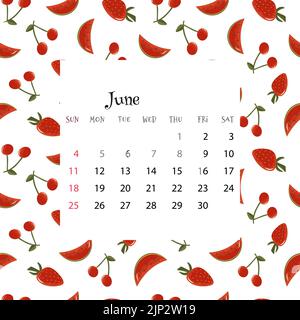 Calendrier de juin 2023. Illustration vectorielle du calendrier du mois sur un motif sans couture avec des cerises, des pastèques, des fraises dans un style de dessin animé plat Illustration de Vecteur
