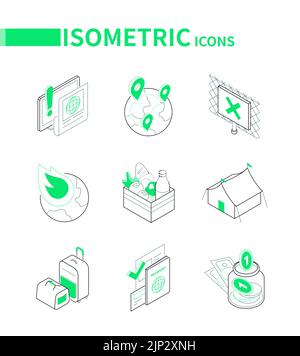 Questions relatives aux réfugiés et immigration - icônes isométriques de la ligne moderne Illustration de Vecteur