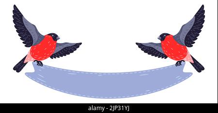 En hiver, illustration de la saillie arrondie des oiseaux tenant le ruban. Carte de joyeux Noël et de bonne année. Illustration de Vecteur