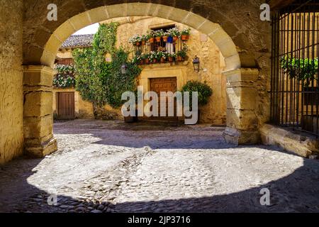rue de la vieille ville avec tunnel et arche en pierre, maisons avec fleurs et plantes dans une atmosphère vintage. Pedraza, Ségovie. Espagne. Banque D'Images