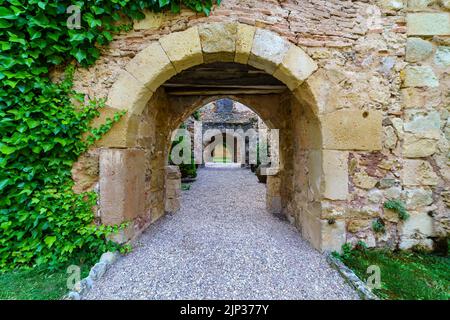 Château de Pedraza à Segovia. Ancien palais médiéval de chevaliers en pierre. Forteresse avec rues intérieures en pierre, plantes vertes, arches et tunnels. Espagne Banque D'Images