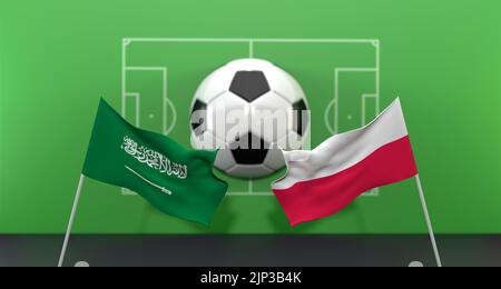 Match de football entre l'Arabie saoudite et la Pologne coupe du monde de la FIFA, Qatar 2022, sur fond flou avec terrain de football, 3D œuvres et 3D images Banque D'Images