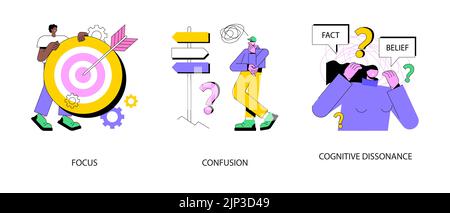 Jeu d'illustrations vectorielles de concept abstrait d'état mental. Se concentrer sur le succès, la confusion, la dissonance cognitive, l'objectif d'affaires, l'inconfort mental, manquant, prise de décision, expérience métaphore abstraite. Illustration de Vecteur