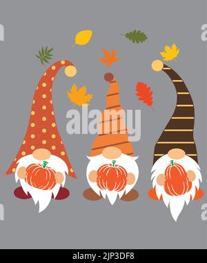 Nains mignons avec citrouilles sur fond gris - idée créative pour les cartes de remerciement Illustration de Vecteur