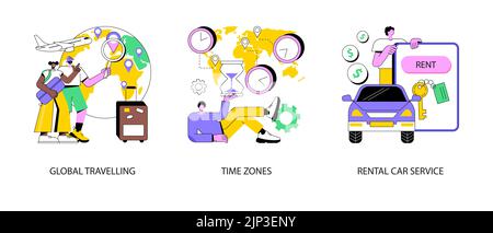 Ensemble d'illustrations vectorielles abstraites de tourisme international. Voyages internationaux, fuseaux horaires, service de location de voiture, agence de voyages, chaîne de villégiature, jet lag, métaphore abstraite de réservation de voiture en ligne. Illustration de Vecteur