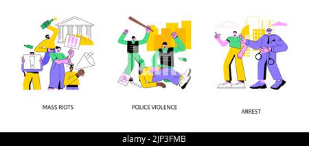 Jeu d'illustrations vectorielles de concept abstrait Street action. Émeutes de masse, violences policières, arrestations pour manifestations publiques, troubles de masse, application de la loi, vandalisme et pillage, activisme politique métaphore abstraite. Illustration de Vecteur