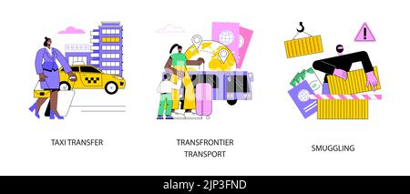 Jeu d'illustrations vectorielles abstraites de la bordure de passage. Transfert en taxi, transport transfrontalier, contrebande et transport illégal de marchandises, service de taxi de marchandises, métaphore abstraite de contrebande. Illustration de Vecteur