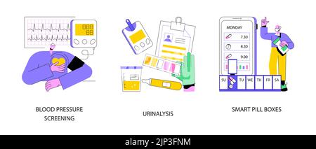 Ensemble d'illustrations vectorielles abstraites de contrôle de l'état de santé. Dépistage de la tension artérielle, résultat d'analyse d'urine, boîtes à pilules intelligentes, tests de laboratoire, dépistage en pharmacie, métaphore abstraite de la planification des médicaments. Illustration de Vecteur