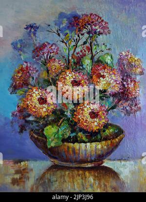 Art peinture huile couleur fleur dans vase Banque D'Images