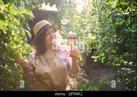 Les rayons du soleil tombent sur une charmante femme amateur vigneron, marchant le long des vignobles avec un verre de vin rouge dans ses mains Banque D'Images