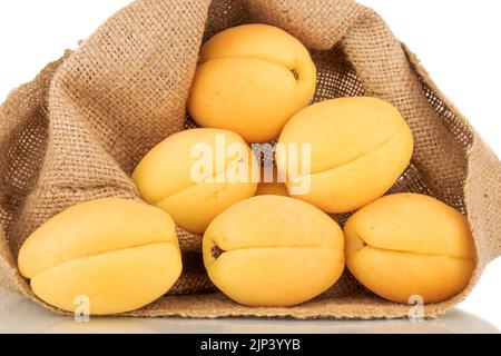 Plusieurs abricots jaune vif juteux d'ananas dans un sac de jute, macro isolé sur un fond blanc. Banque D'Images