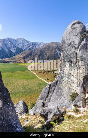 Vue sur les Alpes du Sud parmi les formations rocheuses naturelles de la zone protégée de Castle Hill, près de Christchurch, Nouvelle-Zélande. Banque D'Images