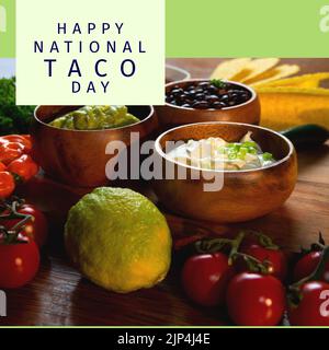 Composition du texte du jour de tacos national heureux avec tacos sur la table. Image générée numériquement par le concept national de fête et de fête du taco. Banque D'Images