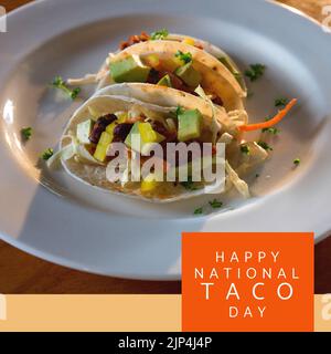 Composition du texte du jour de tacos national heureux avec tacos sur la table. Image générée numériquement par le concept national de fête et de fête du taco. Banque D'Images