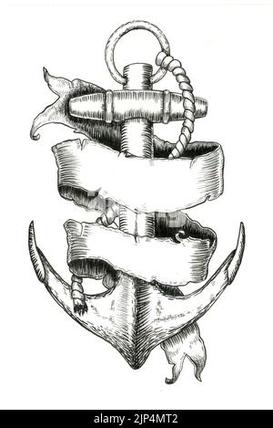 Composition sur le thème nautique avec ancrage et bannière. Illustration de l'encre sur le papier. Banque D'Images