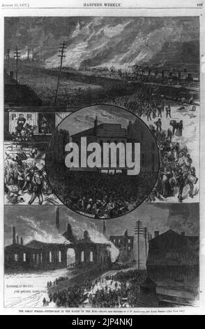 La grande grève (chemin de fer) (Pittsburgh, Pennsylvanie, 1877)- brûlage de bureaux et de machines-ateliers, PRR; brûlage et virement de trains de marchandises, PRR; et foule à l'extérieur de James Bown & son Gunworks (composite Banque D'Images