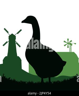 Pâturage des oies sur la prairie.. Paysage rural. Silhouette de paysage. Près des bâtiments agricoles. Oiseau agricole. Objet isolé sur fond blanc. VEC Illustration de Vecteur