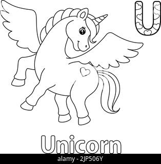 Licorne volante Alphabet ABC coloriage page U Illustration de Vecteur