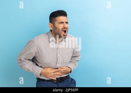Portrait d'un homme d'affaires barbu malade chachant et grimaçant de fortes douleurs à l'estomac, ayant des symptômes d'indigestion ou de diarrhée, portant une chemise rayée. Studio d'intérieur isolé sur fond bleu. Banque D'Images