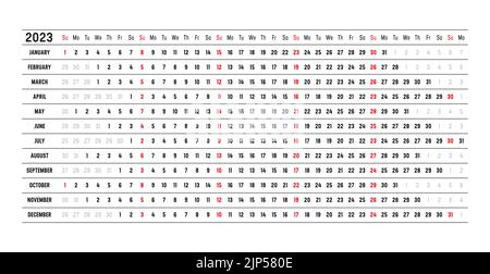 Calendrier mural de l'année 2023 avec dates alignées. Modèle vectoriel d'une page, conception linéaire et horizontale. Illustration de Vecteur