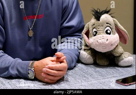 Une vue générale d'une peluche à côté d'Oleksandr Usyk à l'hôtel Shangri-la à Jeddah, Arabie Saoudite. Date de la photo: Lundi 15 août 2022. Banque D'Images