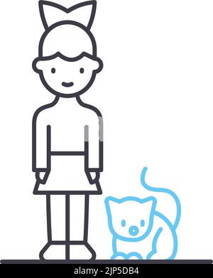 fille avec icône de ligne de chat, symbole de contour, illustration de vecteur, signe de concept Illustration de Vecteur