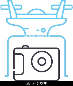 drone avec icône de ligne de caméra, symbole de contour, illustration vectorielle, signe de concept Illustration de Vecteur