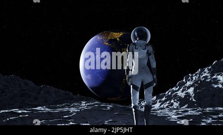Une vue arrière d'une femelle dans un espace marchant sur la Lune avec une vue sur la Terre Banque D'Images