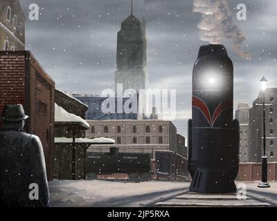 Vintage 1940s Era film Noir a inspiré la scène d'un homme marchant dans une cour industrielle vers un train approchant lors d'une sombre journée d'hiver. Banque D'Images