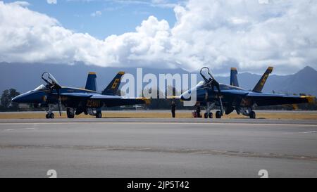 Les membres de l'équipage de conduite Blue Angel préparent les Super Hornets F/A-18 dans le cadre du salon de l'air de la baie Kaneohe 2022, Marine corps Air Station Kaneohe Bay, Marine corps base Hawaii, 13 août 2022. À titre d’escadron de démonstration de vol de la Marine américaine, les Blue Angels sont composés de six F/A-18 Super Hornets et d’un C-130J Hercules qui effectuent des opérations aérobies aux États-Unis. Le Kaneohe Bay Air Show, qui contenait des spectacles aériens, des expositions statiques, des démonstrations et des vendeurs, a été conçu pour exprimer l'appréciation de la MCBH aux résidents d'Hawaï et leur soutien continu à l'installation. (U. Banque D'Images