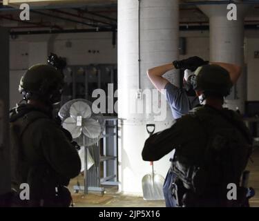 Les membres d'une équipe d'intervention composée d'un détachement d'opérations Alpha (ODA), d'un bataillon du 1st, d'un groupe des forces spéciales (Airborne) du 20th, de la Garde nationale de l'Armée du Massachusetts, du département de police de Battle Creek (MI), de la police d'État de l'Illinois et d'autres organismes appréhendent un adversaire au cours d'un exercice d'entraînement conjoint, Battle Creek (Michigan), le 10 août 2022. Au cours de la grève du Nord 22-2, environ 7 400 participants de 19 États et de plusieurs pays de la coalition, dont le Canada, la Lettonie et le Royaume-Uni, ont participé à la formation visant à valider l'état de préparation de la force conjointe et de la force de réserve. L’exerc de cette année Banque D'Images