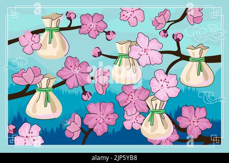 Cuisine chinoise, concept de bannière wonton. Chine nationale dim sum vapeur sur prune ou pêche branches avec fleurs. Affiche vectorielle de boulettes alimentaires asiatiques pour la publicité orientale d'un café ou d'un restaurant Illustration de Vecteur