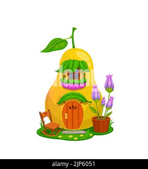 Bâtiment de la maison de poire jaune de conte de fées de dessins animés. La créature pixie, gnome ou fée naine demeure à l'intérieur d'un fruit mûr de poire. Maison fantaisie, cabane ou cabane avec porte en bois, balcon, pot de fleurs et chaise à bascule Illustration de Vecteur