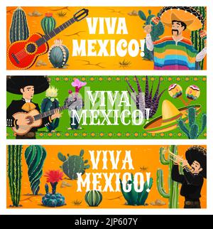Viva Mexico bannières vectorielles de musiciens mexicains mariachi, instruments de musique et cactus. Caricaturer des hommes mexicains avec des chapeaux sombrero, des maracas, de la guitare et de la trompette, des plantes succulentes du désert et des fleurs Illustration de Vecteur