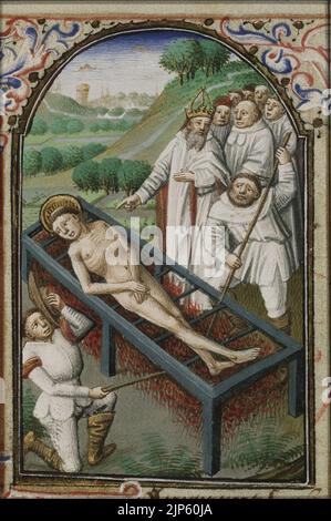 Le martyre de Saint-Laurent de Rome - il est rôti sur un gridiron - Livre des heures Simon de varie - KB 74 G37 - 073v min Banque D'Images