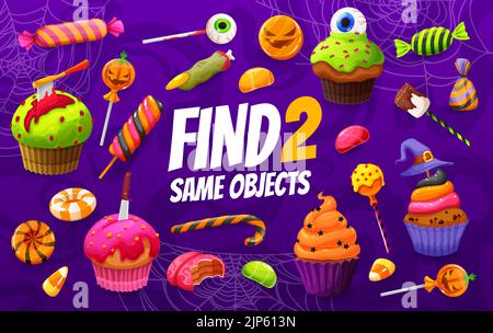 Trouvez deux friandises et bonbons identiques pour Halloween. Jeu de quiz ou de puzzle feuille de travail de vecteur de la bande dessinée ou de la nourriture de traite, assortir riddle avec des sucettes d'horreur, des gâteaux de citrouille, le maïs de sucre et des biscuits Illustration de Vecteur