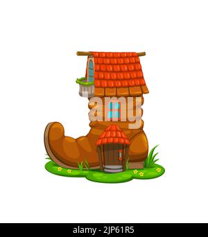 Bâtiment de Boot House de conte de fées de dessin animé. Forêt de pixie ou gnome maison, leprechun conte de fées habitation dans la vieille chaussure, vecteur isolé fantasy ou cabane magique, cabane ou maison avec porche, pelouse et toit carrelé Illustration de Vecteur