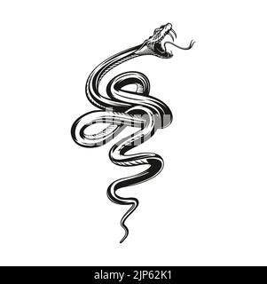 Tatouage serpent, vipère noir en colère ou serpent, rock vectoriel ou mascotte de club de motards. Morsure de serpent en colère avec des fangs, viper ou serpent d'anaconda en attaque en colère pour tatouage Illustration de Vecteur