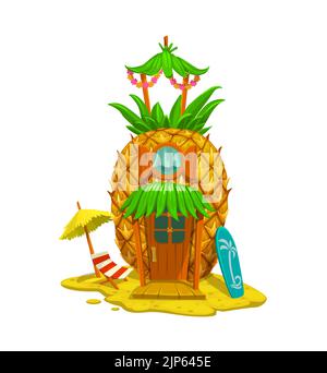 Bâtiment de la maison d'ananas de conte de fées de dessins animés. Maison de fantaisie de fruits tropicaux, cabane ou cabane à vecteur isolée. Bungalow de vacances d'été sur la plage avec chaise longue, parasol et surf sur le sable Illustration de Vecteur