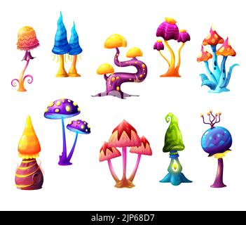Les champignons de dessin animé de fantaisie de fée, les champignons magiques de vecteurs de formes inhabituelles avec des stipes bizarres et des casquettes impaires. Éléments naturels pour l'interface de conte de fées ou de jeux informatiques. Ensemble de belles plantes exotiques étranges Illustration de Vecteur