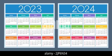 Calendrier coloré pour 2023 et 2024 ans. La semaine commence le dimanche. Illustration vectorielle isolée. Illustration de Vecteur