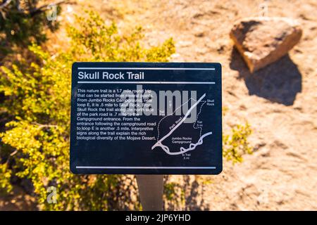 Panneau d'interprétation Skull Rock, parc national de Joshua Tree, Californie, États-Unis Banque D'Images