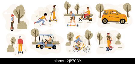 Les gens conduisent différents transports écologiques dans la rue de la ville et dans le parc. Illustration vectorielle à plat de personnes à vélo, voiture électrique, scooter, planche à roulettes, talon de cheval et planque Illustration de Vecteur