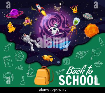 Bienvenue Retour à l'école, bannière inspiration livre. Imagination de l'espace pour les enfants Illustration de Vecteur