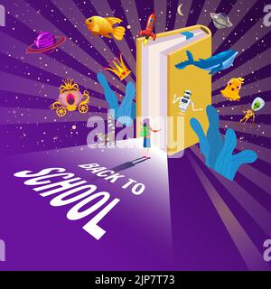 Bienvenue Retour à l'école, poster d'inspiration livre. Imagination de l'espace pour les enfants Illustration de Vecteur