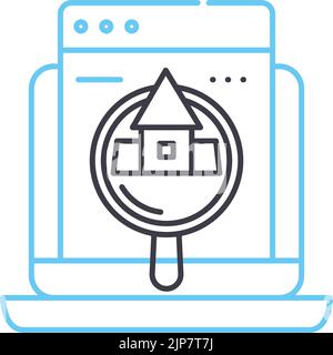 icône de ligne de recherche d'accommodation, symbole de contour, illustration vectorielle, signe de concept Illustration de Vecteur
