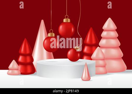 Modèle de bannière avec un podium blanc, et 3D arbres de Noël réalistes. Illustration réaliste Vector 3D Illustration de Vecteur