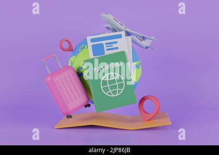 3D rendu de la carte et de la valise du globe avec vol. Illustration du concept de voyage 3D, avion survolant la carte pin.3D rendu. Banque D'Images