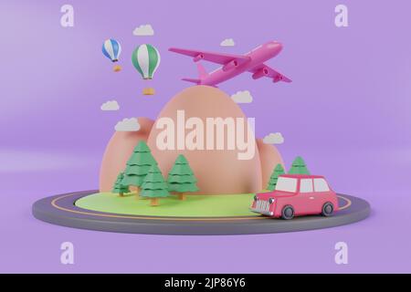 vacances en voiture rétro. Voiture rétro pleine de choses. Concept créatif de voyager en avion. L'avion au design réaliste 3D prend son décollage. 3d rendu. Banque D'Images