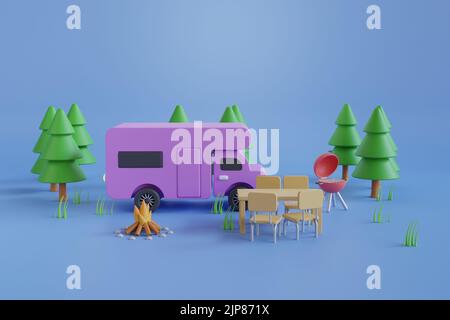 Camping camping-car entouré de pins sur fond bleu. 3d rendu. Concept de voyage et de camping. Banque D'Images
